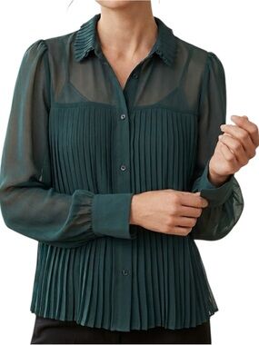 Banana Republic Deep Green Pleated Sheer Long Sleeve Blouse Top Women's Small